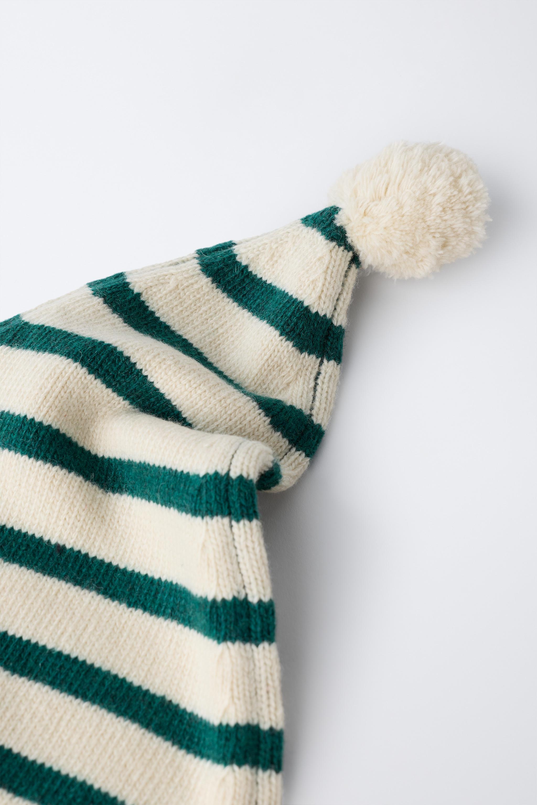 STRIPED KNIT HAT WITH WOOL POMPOM
